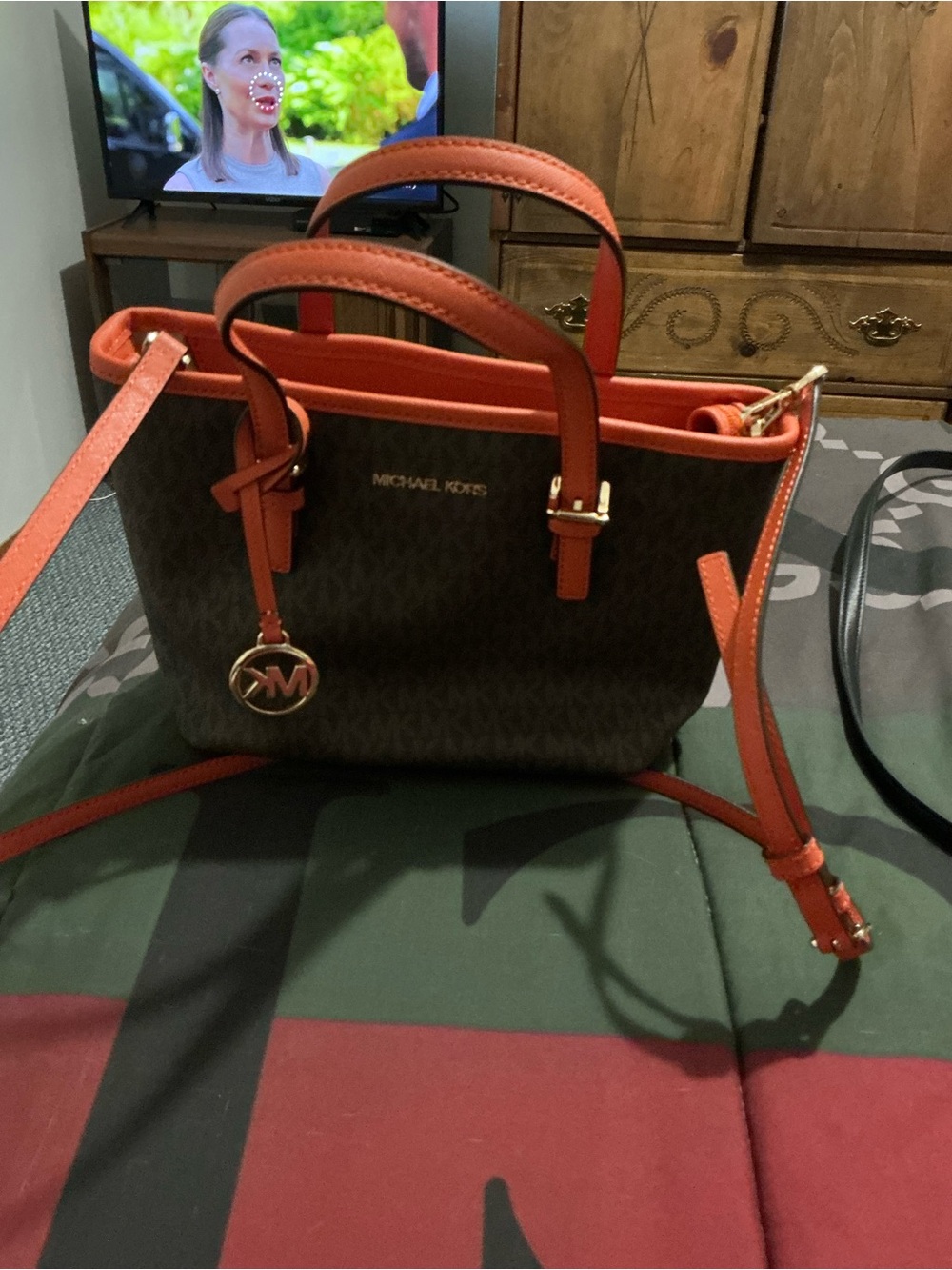 Michael Kors Brown Signature Satchel with Orange Trim